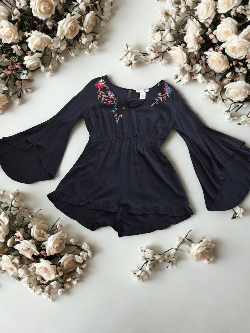 Flying Tomato Embroidered Bell Sleeve Romper - Size Large EUC